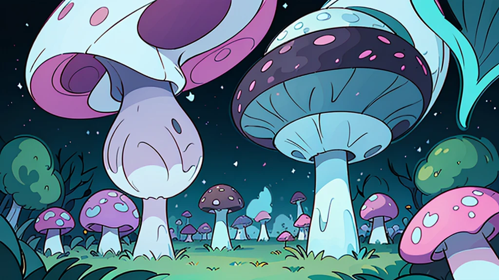 You are in an area that looks strange and scary. The area is filled with all kinds of colorful and glittering giant mushrooms. There are also several types of creeping plants in the area.
Describe the situation by emphasizing the action, shape, interlacing and space
