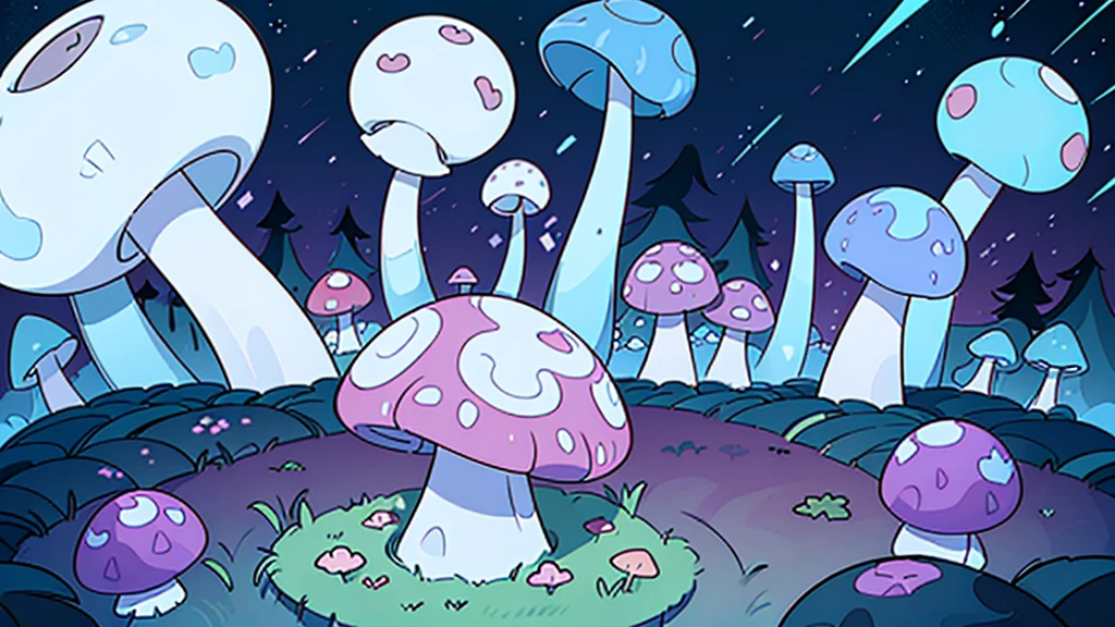 You are in an area that looks strange and scary. The area is filled with all kinds of colorful and glittering giant mushrooms. There are also several types of creeping plants in the area.
Describe the situation by emphasizing the action, shape, interlacing and space