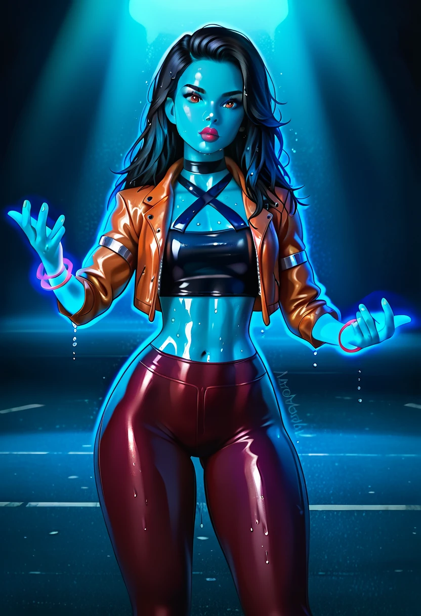 hyperrealism, photorealistic, 20 yo female, solo, toned, wide hips, long black hair, thick thighs, ifbb, thick lips, thin waist, slendered abs, narrow waist, small waist, dark skin, lipstick, neon glowing bracelet, glowing armlet, bounce light, riml ighting, (sparkling translucent criss-cross top), (wet transparent half-jacket), tight (snakeskin leather pants), high detail