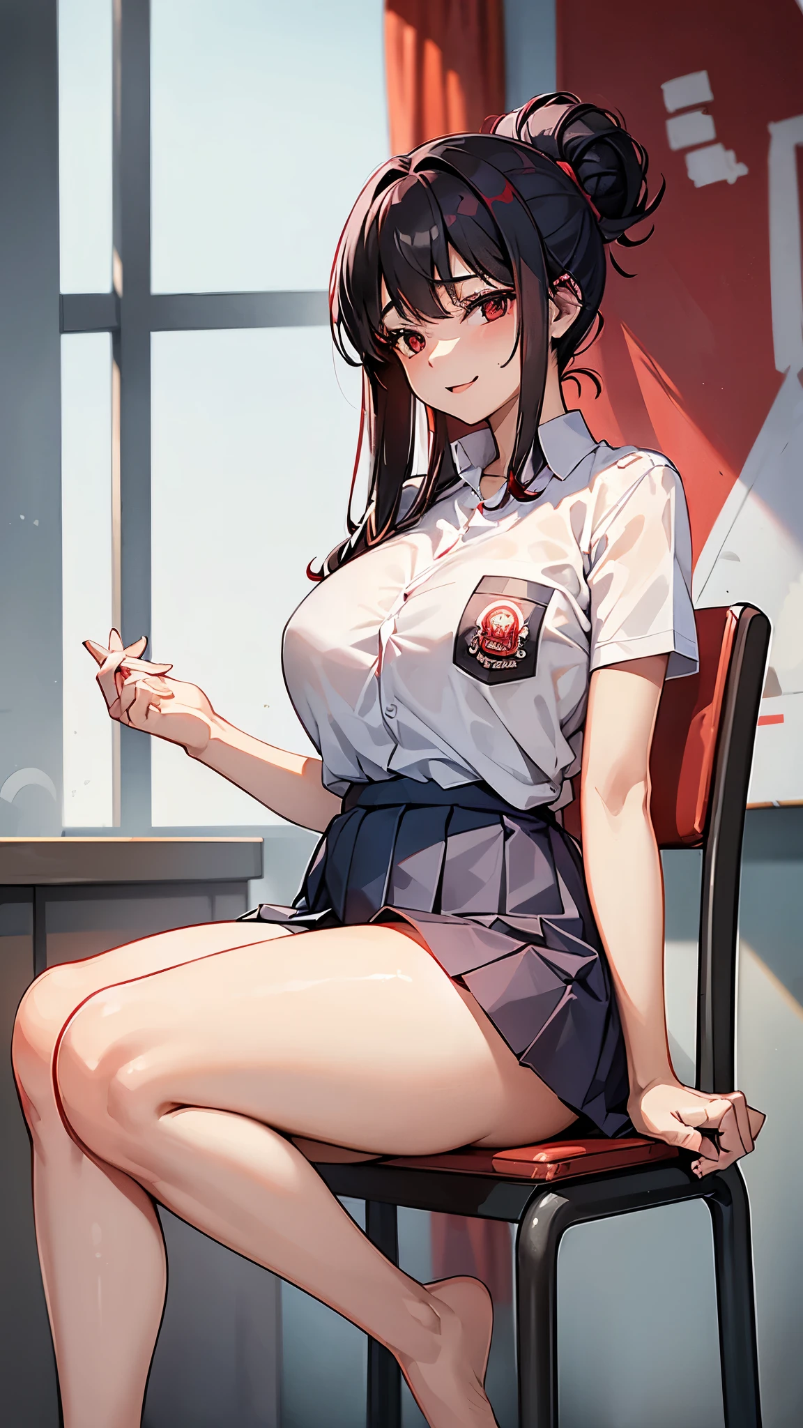 1 woman, 17 years old, (updo, red and black hair), plump body, red eyes, Indonesian high-school uniform, (white transparent shirt, off-shoulders), osis logo on shirt pocket, huge breasts, light-grey pleated skirt, sitting on a chair, seductive pose, full body shot, side view, smiling, in the classroom.