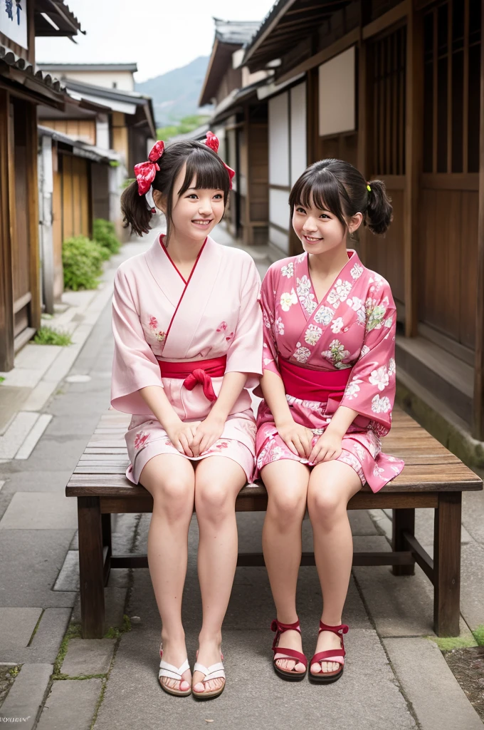 2 girls on wooden bench in old-Japanese street,floral pink yukata with red obi,18-year-old,bangs,a little smile,thighs,knees,short hair and low pigtails with red ribbon bow,from before,front light