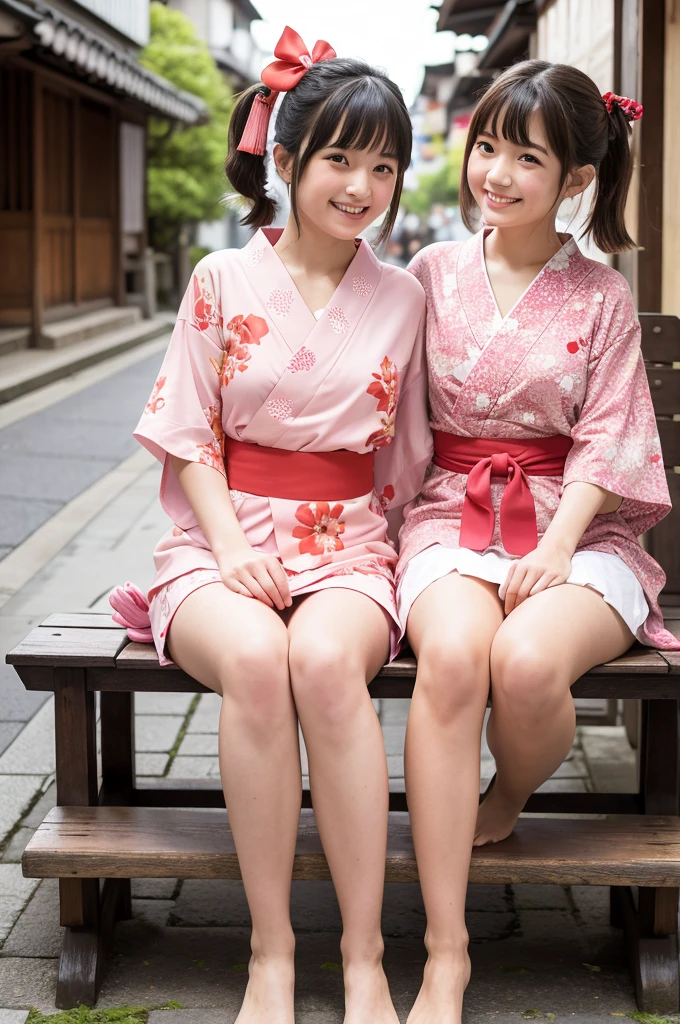 2 girls on wooden bench in old-Japanese street,floral pink yukata with red obi,18-year-old,bangs,a little smile,thighs,knees,short hair and low pigtails with red ribbon bow,from before,front light