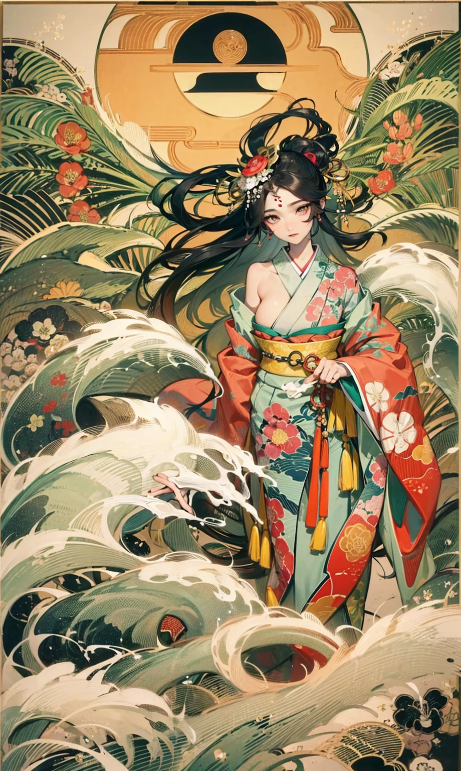 Amaterasu, Goddess of the sun, Sun incarnation,The supreme god of Japan,Ruler of Takamagahara, The apotheosis of the sun,Ancestor of the Emperor of Japan,The supreme god of Shinto in Japan,Incarnation of the sun,The background is a Shinto temple in Japan,((Large breasts)), (Married Woman),apathy,Extremely majestic,Intimidating,Pitch-black eyes,Japanese makeup,kneeling to sitting on the ground,Create a splendid atmosphere,full of lights,White skin of the, Long black hair,Sun tattoo on the chest,mother with big breasts,(Extremely gorgeous kimono),clogs,white legwear,with perfect legs,Japanese kabuki costume,Gorgeous belt,Hairpin,(A wide range of luxury Japanese accessories),Perfect flesh full of texture, , Scorching rendering, jaw dropping, Captivating visual treat,((best qualtiy)), ((tmasterpiece)),MAXIMUM DEFINITION,8k wallpaper,offcial art,Many-Layer Textures ,ultra-detailliert, illustratio,(Super detailed face),(s the perfect face), Clear texture, finely detailed textures, Ultra HD detail display, Excellent image performance,High-quality illustrations,Perfect fit and harmonious tones,Deep lines,Precise brushstrokes,Strong sense of three-dimensionality,Delicate wearing feeling,Wonderful color scheme,intricately details