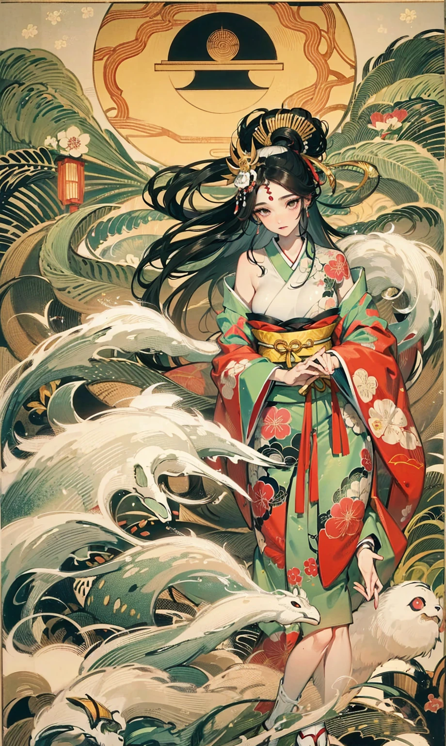 Amaterasu, Goddess of the sun, Sun incarnation,The supreme god of Japan,Ruler of Takamagahara, The apotheosis of the sun,Ancestor of the Emperor of Japan,The supreme god of Shinto in Japan,Incarnation of the sun,The background is a Shinto temple in Japan,((Large breasts)), (Married Woman),apathy,Extremely majestic,Intimidating,Pitch-black eyes,Japanese makeup,kneeling to sitting on the ground,Create a splendid atmosphere,full of lights,White skin of the, Long black hair,Sun tattoo on the chest,mother with big breasts,(Extremely gorgeous kimono),clogs,white legwear,with perfect legs,Japanese kabuki costume,Gorgeous belt,Hairpin,(A wide range of luxury Japanese accessories),Perfect flesh full of texture, , Scorching rendering, jaw dropping, Captivating visual treat,((best qualtiy)), ((tmasterpiece)),MAXIMUM DEFINITION,8k wallpaper,offcial art,Many-Layer Textures ,ultra-detailliert, illustratio,(Super detailed face),(s the perfect face), Clear texture, finely detailed textures, Ultra HD detail display, Excellent image performance,High-quality illustrations,Perfect fit and harmonious tones,Deep lines,Precise brushstrokes,Strong sense of three-dimensionality,Delicate wearing feeling,Wonderful color scheme,intricately details