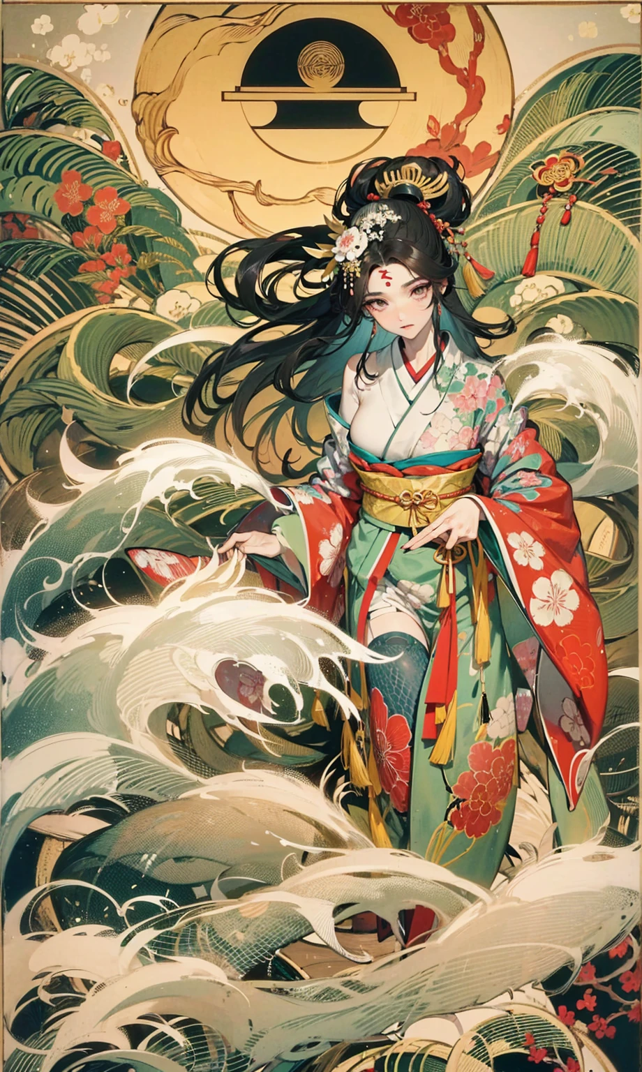 Amaterasu, Goddess of the sun, Sun incarnation,The supreme god of Japan,Ruler of Takamagahara, The apotheosis of the sun,Ancestor of the Emperor of Japan,The supreme god of Shinto in Japan,Incarnation of the sun,The background is a Shinto temple in Japan,((Large breasts)), (Married Woman),apathy,Extremely majestic,Intimidating,Pitch-black eyes,Japanese makeup,kneeling to sitting on the ground,Create a splendid atmosphere,full of lights,White skin of the, Long black hair,Sun tattoo on the chest,mother with big breasts,(Extremely gorgeous kimono),clogs,white legwear,with perfect legs,Japanese kabuki costume,Gorgeous belt,Hairpin,(A wide range of luxury Japanese accessories),Perfect flesh full of texture, , Scorching rendering, jaw dropping, Captivating visual treat,((best qualtiy)), ((tmasterpiece)),MAXIMUM DEFINITION,8k wallpaper,offcial art,Many-Layer Textures ,ultra-detailliert, illustratio,(Super detailed face),(s the perfect face), Clear texture, finely detailed textures, Ultra HD detail display, Excellent image performance,High-quality illustrations,Perfect fit and harmonious tones,Deep lines,Precise brushstrokes,Strong sense of three-dimensionality,Delicate wearing feeling,Wonderful color scheme,intricately details