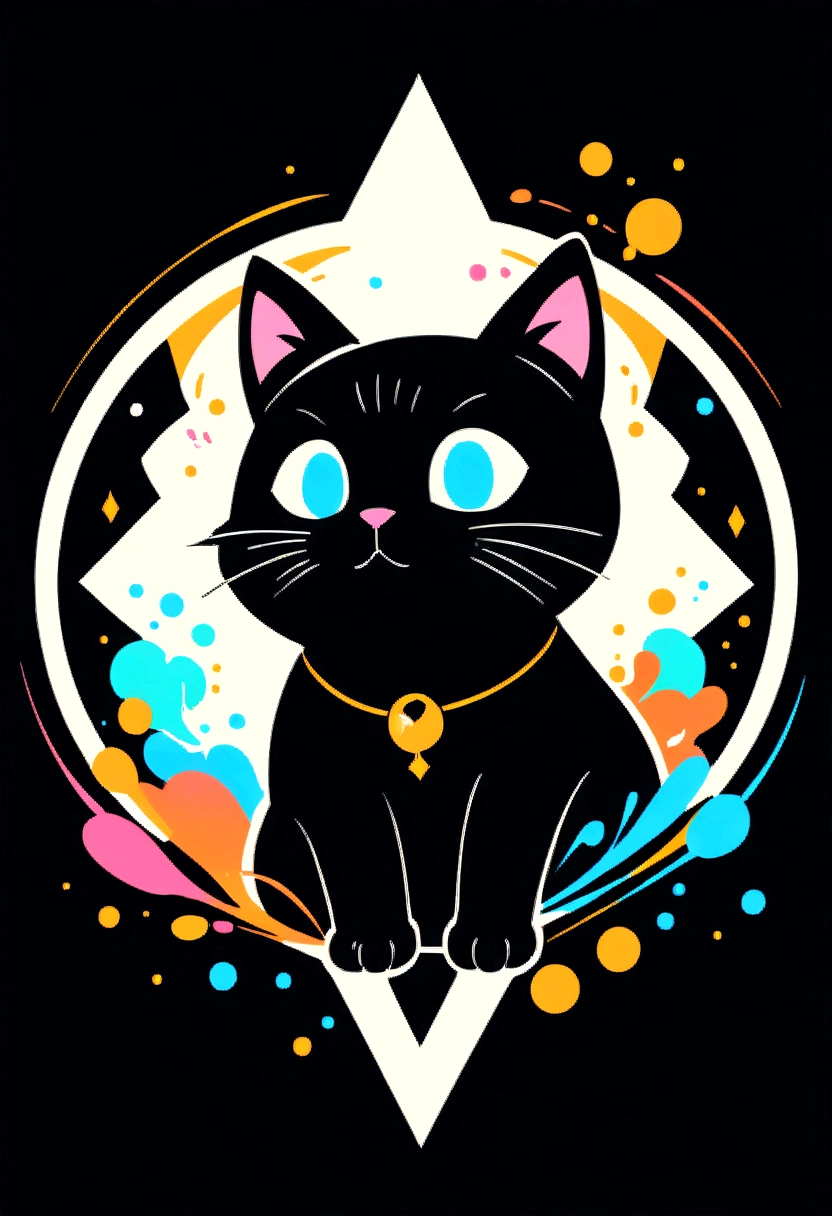 Colorful logo, Minimalist cute kitty head vector art logo illustration, front, magical, Sharp design, Soft, Monochrome color, Dark magical colorful splash paint, T-shirt design, Studio Ghibli style, Design should be vector art . Using Adobe Illustrator, create a clean, simple yet captivating logo. Keep the design focused on the cat's eye, capture its uniqueness and charm. The logo should evoke a feeling of sophistication and tranquility. The emphasis on low-poly style adds a touch of luxury. The overall aesthetic should be sleek and stylish, relevant to your brand and logo goals, black backgrounds, ((Simemeter))　It's a small cat