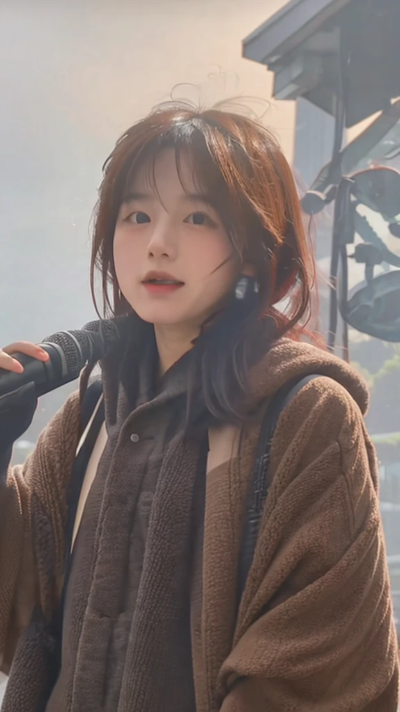 A Japanese girl in her 20s singing in the fog