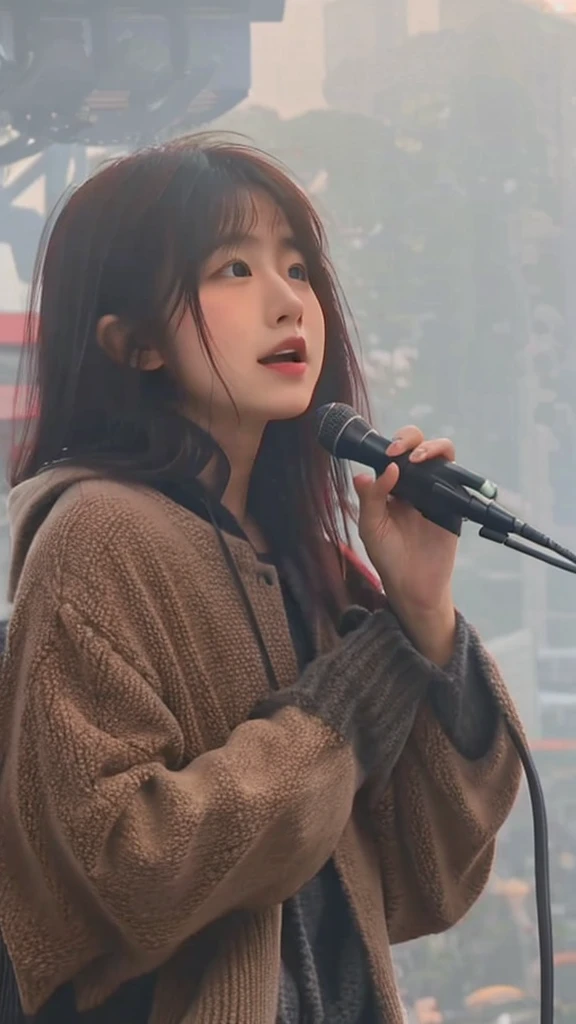 A Japanese girl in her 20s singing in the fog