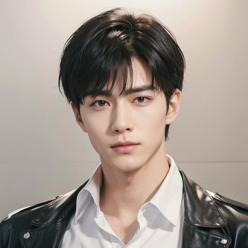 at office,wearing black leather coat,two block haircut, Attractive man,Live-action photo,Handsome and sunny,(SLR effect,Reality,8K,Hyper-detailing,Absolute realism)