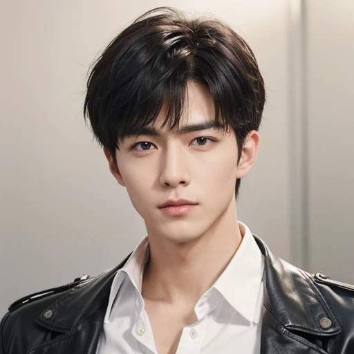at office,wearing black leather coat,two block haircut, Attractive man,Live-action photo,Handsome and sunny,(SLR effect,Reality,8K,Hyper-detailing,Absolute realism)
