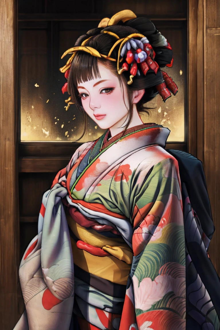 1 Girl, alone, Oiran, Maiko, country, Looking at the audience, short hair, Brown eyes, Brown Hair, Black Hair, hair ornaments, Upper Body, kimono, Blunt bangs, kimono, sash, Compensate, Bob cut hair,