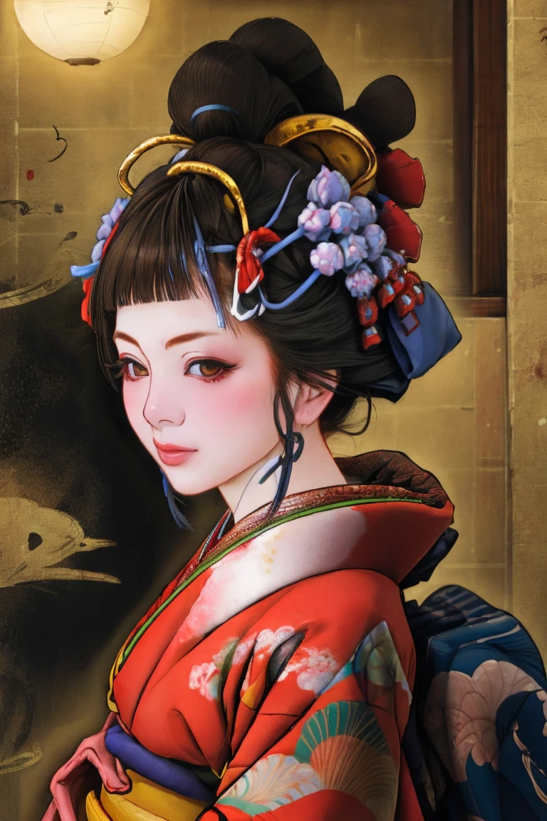 1 Girl, alone, Oiran, Maiko, country, Looking at the audience, short hair, Brown eyes, Brown Hair, Black Hair, hair ornaments, Upper Body, kimono, Blunt bangs, kimono, sash, Compensate, Bob cut hair,