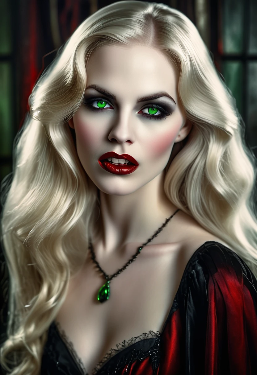 ((a photorealistic portrait of an exquisite, glamour female vampire: 1.5)) , pale face, blond hair, long vibrant shiny hair, glamorous hair, emerald green eyes, deep penetrating eyes, red lips, lustful lips, ((two vampiric fangs: 1.5), drops of blood dripping from the mouth, ((1920's style: 1.5)), a sense of darkness, a sense of mystery, (highest quality:1.2, Very detailed, up to date, Vibrant, Ultra-high resolution, High Contrast, masterpiece:1.2, highest quality, Best aesthetics), best details, best quality, highres, ultra wide angle, 16k, [ultra detailed], masterpiece, best quality, (extremely detailed), Genetically modified..., Cinematic Hollywood Film, traditional watercolor painting