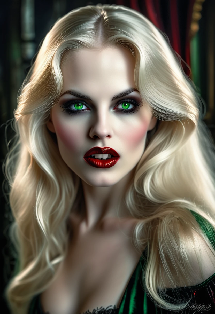 ((a photorealistic portrait of an exquisite, glamour female vampire: 1.5)) , pale face, blond hair, long vibrant shiny hair, glamorous hair, emerald green eyes, deep penetrating eyes, red lips, lustful lips, ((two vampiric fangs: 1.5), drops of blood dripping from the mouth, ((1920's style: 1.5)), a sense of darkness, a sense of mystery, (highest quality:1.2, Very detailed, up to date, Vibrant, Ultra-high resolution, High Contrast, masterpiece:1.2, highest quality, Best aesthetics), best details, best quality, highres, ultra wide angle, 16k, [ultra detailed], masterpiece, best quality, (extremely detailed), Genetically modified..., Cinematic Hollywood Film, traditional watercolor painting