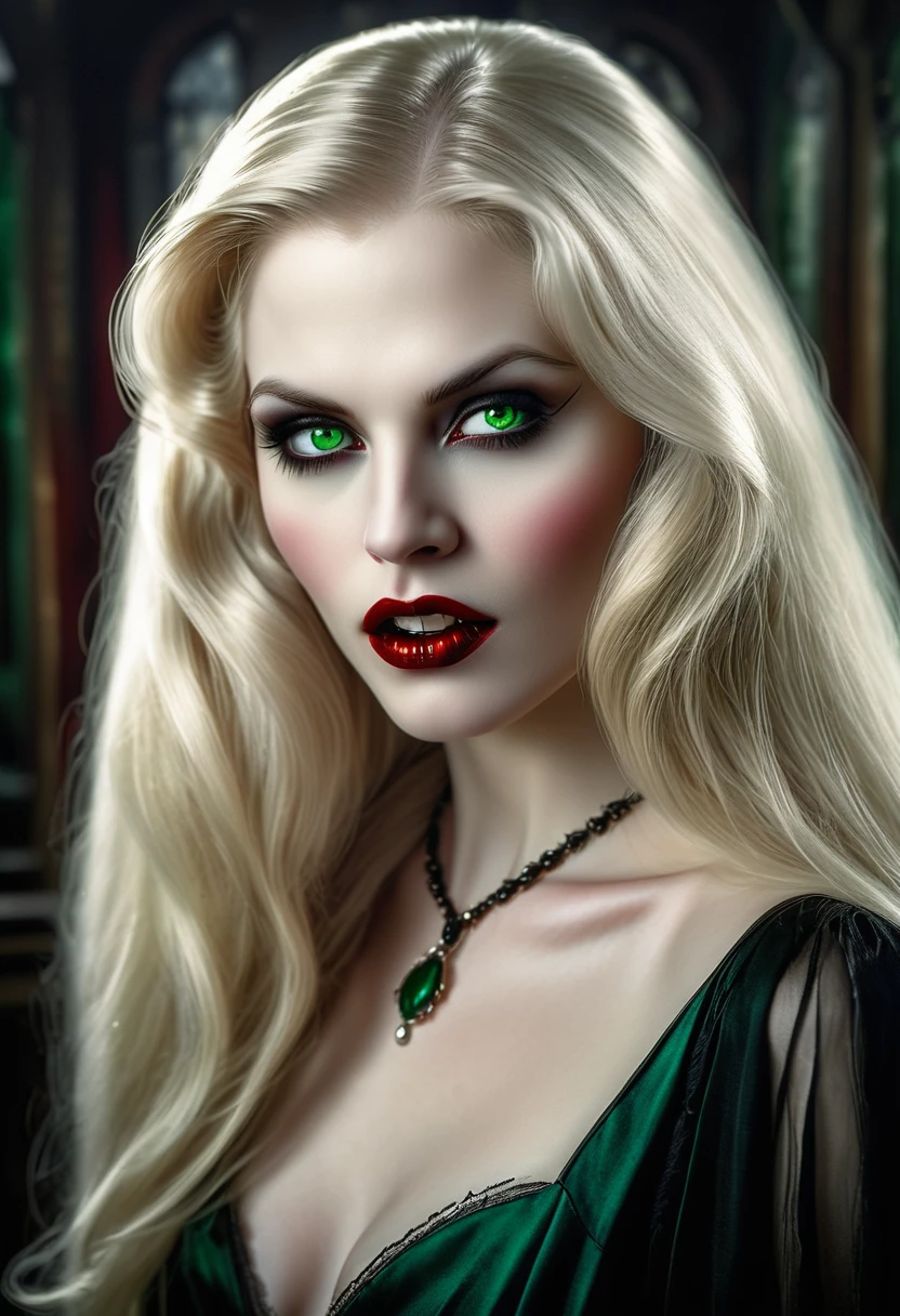 ((a photorealistic portrait of an exquisite, glamour female vampire: 1.5)) , pale face, blond hair, long vibrant shiny hair, glamorous hair, emerald green eyes, deep penetrating eyes, red lips, lustful lips, ((two vampiric fangs: 1.5), drops of blood dripping from the mouth, ((1920's style: 1.5)), a sense of darkness, a sense of mystery, (highest quality:1.2, Very detailed, up to date, Vibrant, Ultra-high resolution, High Contrast, masterpiece:1.2, highest quality, Best aesthetics), best details, best quality, highres, ultra wide angle, 16k, [ultra detailed], masterpiece, best quality, (extremely detailed), Genetically modified..., Cinematic Hollywood Film, traditional watercolor painting
