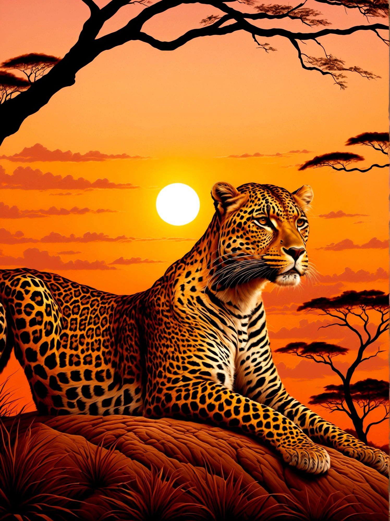 A leopard with a golden crown resting on its head, majestically poised against the backdrop of a sunset in the Savannah. The crown lightly glistens in the failing sunlight as the creature stands surveying its surroundings. Warm orange and pink hues from the setting sun drape the scene, highlighting the leopard's vibrant coat of fur. Silhouettes of acacia trees can be seen in the far-off distance, dotting the vast landscape.