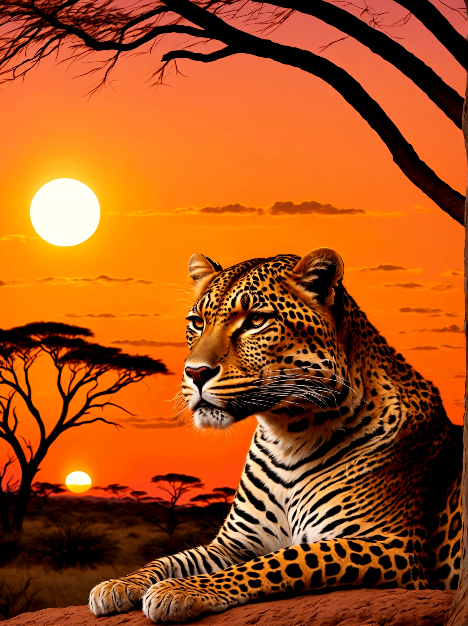 A leopard with a golden crown resting on its head, majestically poised against the backdrop of a sunset in the Savannah. The crown lightly glistens in the failing sunlight as the creature stands surveying its surroundings. Warm orange and pink hues from the setting sun drape the scene, highlighting the leopard's vibrant coat of fur. Silhouettes of acacia trees can be seen in the far-off distance, dotting the vast landscape.