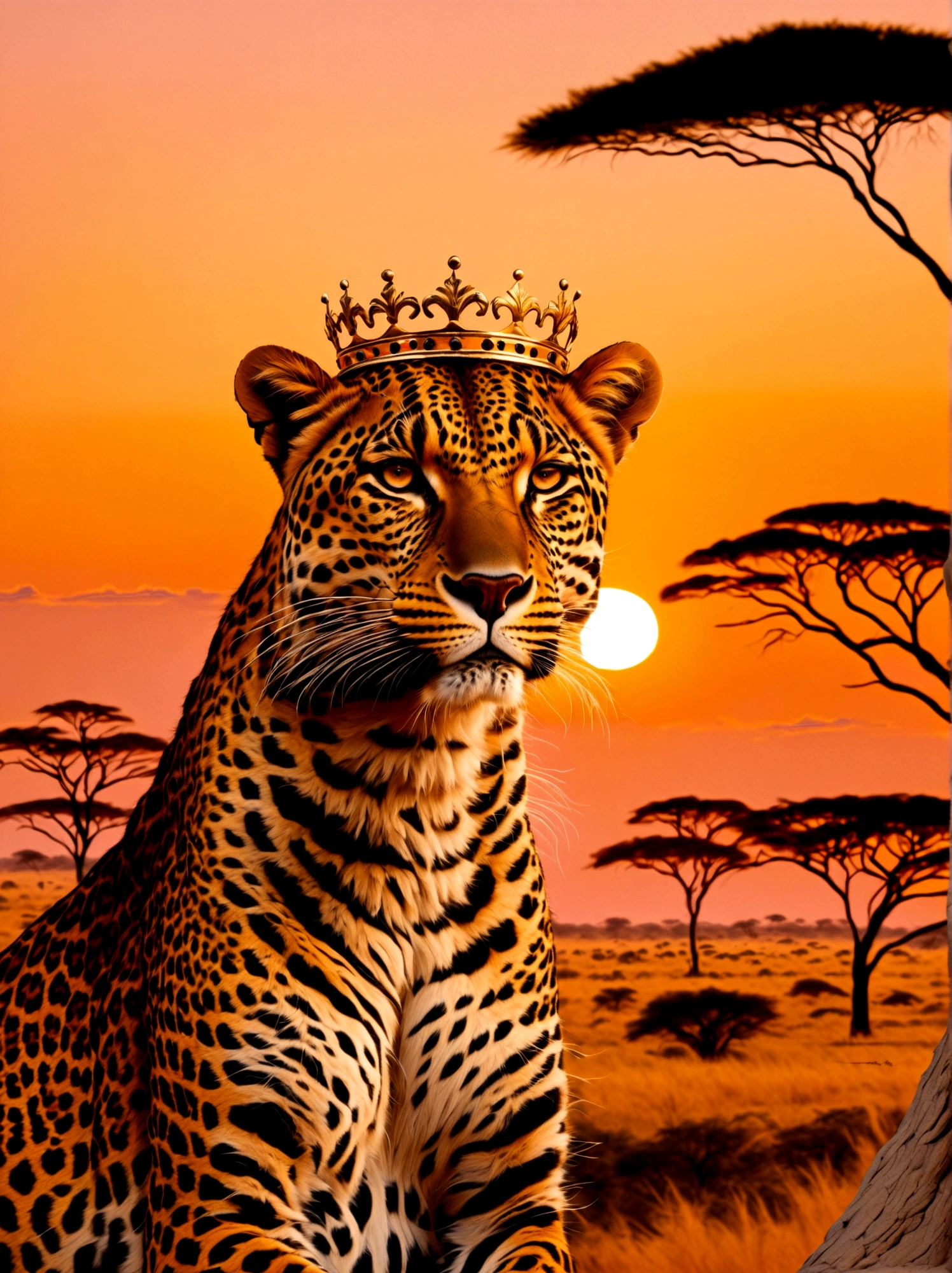 A leopard with a golden crown resting on its head, majestically poised against the backdrop of a sunset in the Savannah. The crown lightly glistens in the failing sunlight as the creature stands surveying its surroundings. Warm orange and pink hues from the setting sun drape the scene, highlighting the leopard's vibrant coat of fur. Silhouettes of acacia trees can be seen in the far-off distance, dotting the vast landscape.