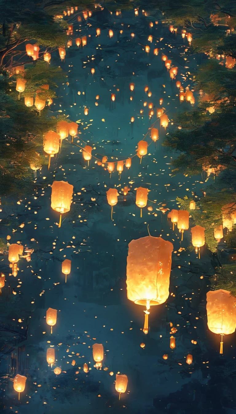 1.Place the river lanterns by the river,(((Kongming Lantern Wishing Lantern)))Many sky lanterns are lit on the water, floating lights, Lights and reflections, Glowing lights! Intermediate Metaverse Elements,number, glowing reflections, think. author:Shinkai Makoto, Water Lanterns, A quiet night. Digital Illustration, Beautiful Ambience, Night sky lights, Peaceful evening atmosphere, 美丽的number艺术作品, Low Detail. number, Beautiful Ambience