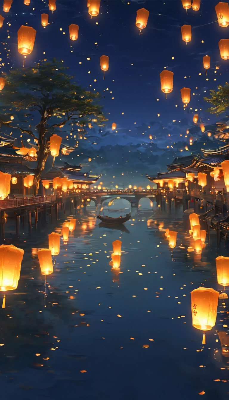 1.Place the river lanterns by the river,(((Kongming Lantern Wishing Lantern)))Many sky lanterns are lit on the water, floating lights, Lights and reflections, Glowing lights! Intermediate Metaverse Elements,number, glowing reflections, think. author:Shinkai Makoto, Water Lanterns, A quiet night. Digital Illustration, Beautiful Ambience, Night sky lights, Peaceful evening atmosphere, 美丽的number艺术作品, Low Detail. number, Beautiful Ambience
