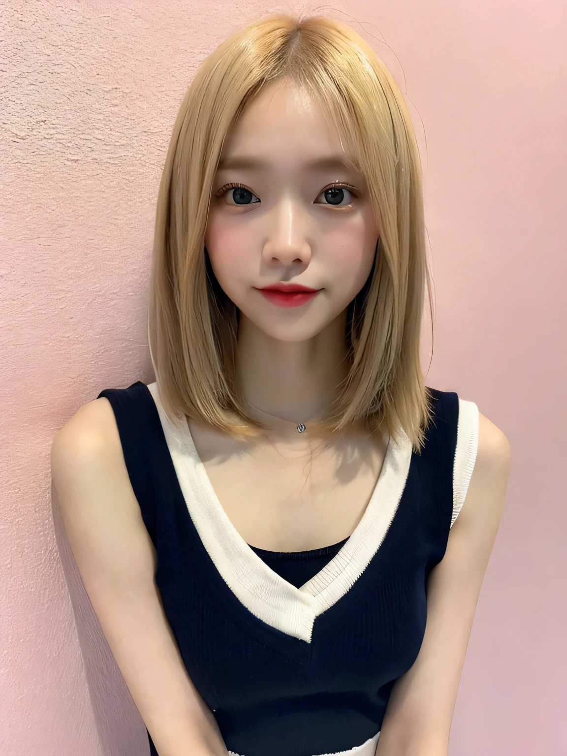 One person、12 years old、Blonde、Blonde、Full body photo、slender、woman、White drool coming out of the mouth、smile、Short Bob Cut、 Fair skin, messy hair, super cute、Soft and Face、8K resolution、Surreal、Ultra high definition、 A-cup small breasts（（Highest resolution、8K、masterpiece：1.3））、Ultra-fine face、Ultra Fine Lips、Beautiful Eyes、double eyelid,Pink wall、Red tie、Sleeveless white shirt、Navy Blue Skirt、Thighs、thin,Thighsが見える、Shapely small breasts、