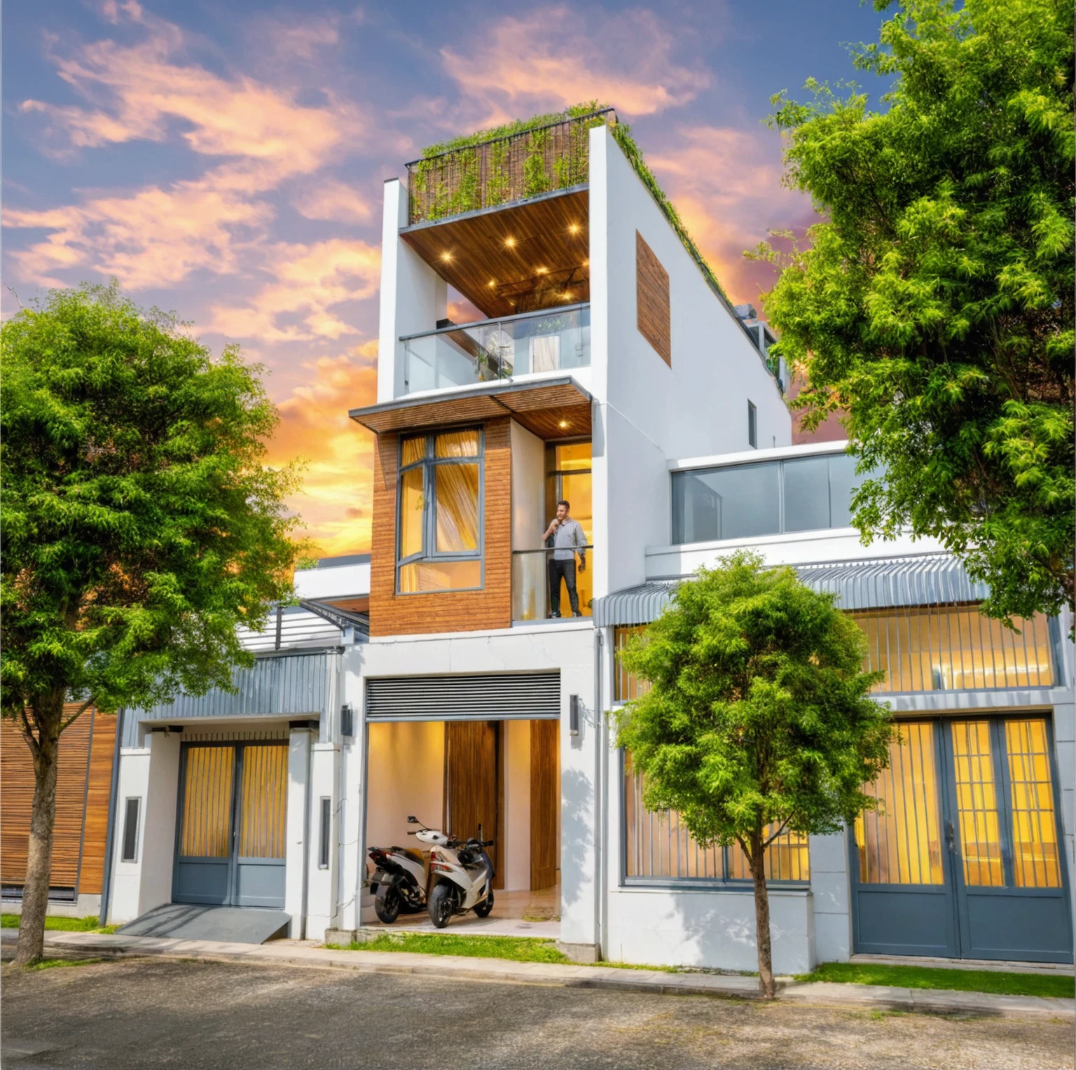 Masterpiece, high quality, best quality, authentic, super detail, outdoors, house style modern, bietthuhn, white wall, glass windows, gate road, pavement, grass, trees, Beautiful_sky, SUNSET, (day:1.1), realistic lighting