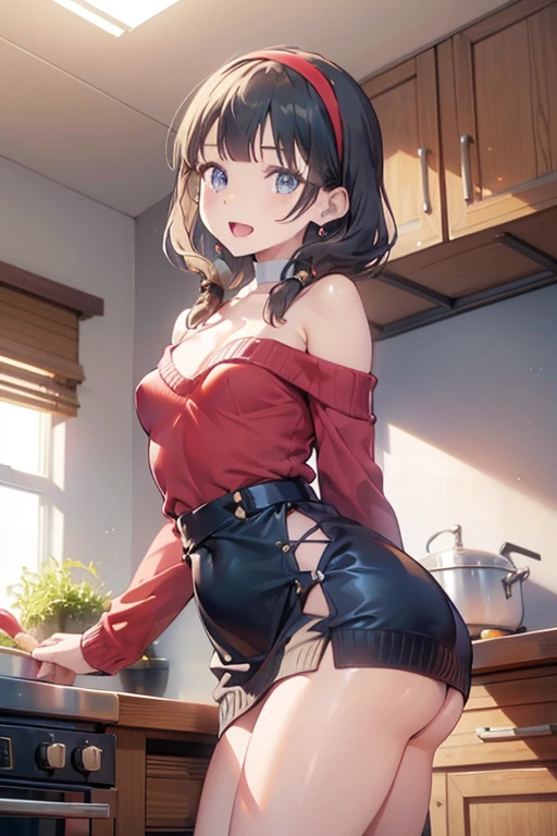 (dynamic angle:1.3, front view:1.1, breast focus:1.3, from below:1.2), (dynamic posing:1.5, sexy posing:1.3, leaning forward), (seductive smiling:1.3),masterpiece, 1girl, (pointed chest:1.3), cleavage:1.1,(double breasted:1.2,under bust:1.2), Amazing Cleavage:1.3, thin waist, big ass, Raised sexy, small breast: 1.2 posed cleavage:1.2、solo, looking at viewer, open mouth, have a grass of beergrass,black hair, blue eyes, bare shoulders, jewelry, collarbone, sidelocks, hairband, earrings, indoors, (red off shoulder sweater dress:1.3), arms behind back, short hair with long locks, blue white hairband, big side hair, very long side hair is rendered in (masterpiece: 1.2, best quality), with (ultra high resolution) and an exquisite (depth of field). This masterpiece is not only visually stunning but also tells,A scene of cooking in the kitchen