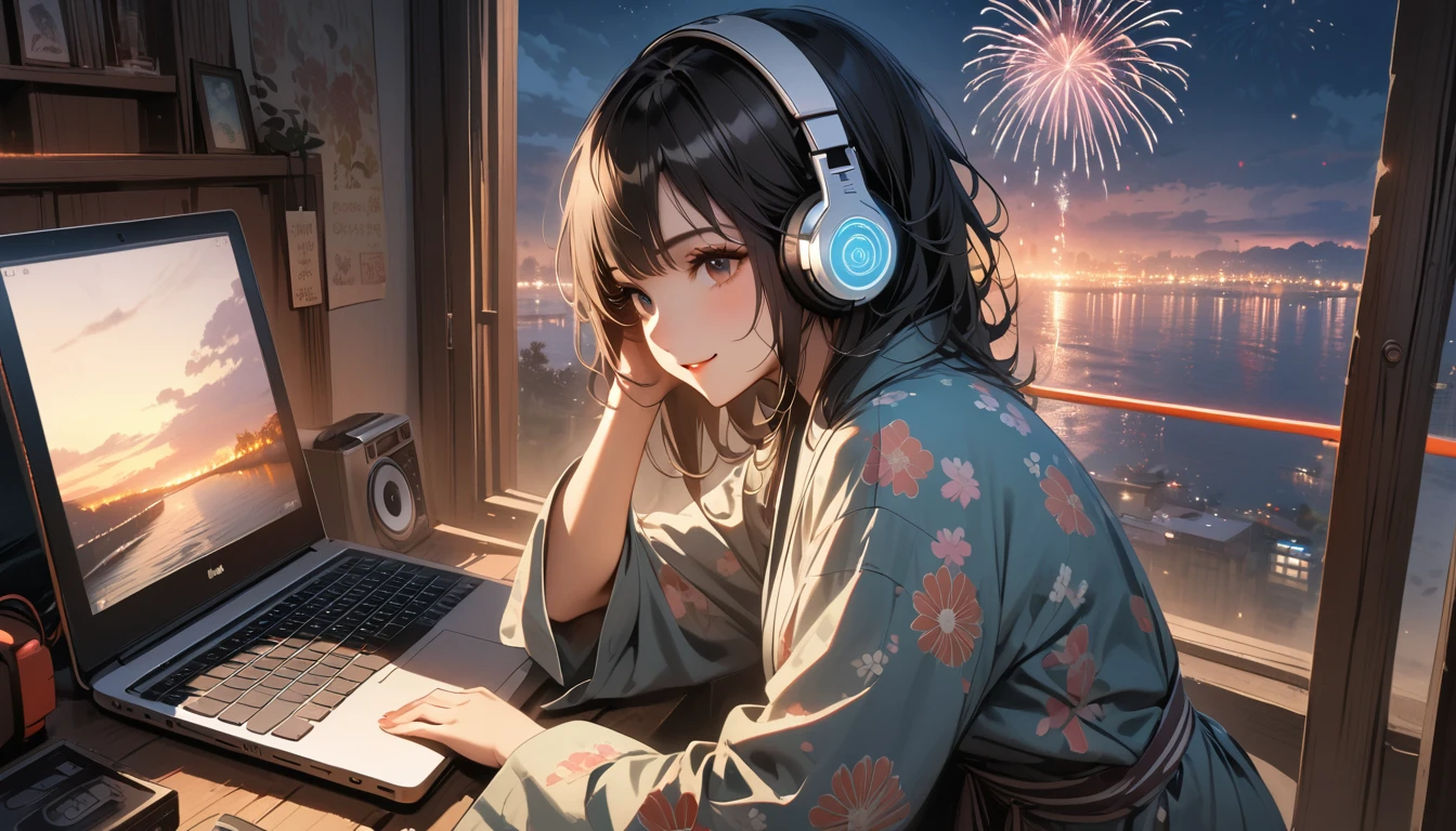 ((8k of extremely detailed CG unit, Masterpiece, high resolution, highest quality, highest quality real texture skin)), (((Fireworks from a large window))), (((Japanese patterned pajamas))), (((Japanese style headphones))), (((Smiling and watching the fireworks))), ((1 girl)), (Black hair, messy hair, beige skin), (surreal, digital painting), (((Warm lighting))), (((Boombox))), (((laptop)))
