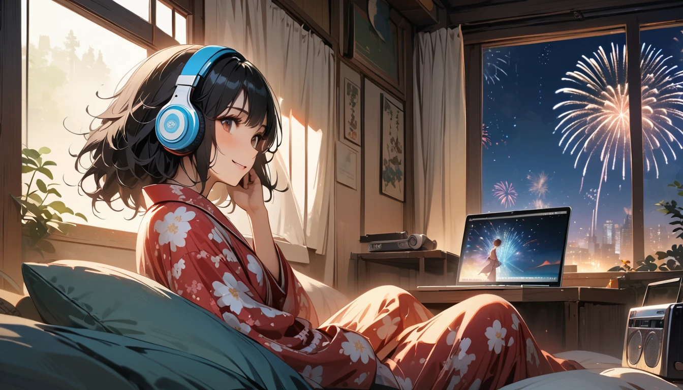 ((8k of extremely detailed CG unit, Masterpiece, high resolution, highest quality, highest quality real texture skin)), (((Fireworks from a large window))), (((Japanese patterned pajamas))), (((Japanese style headphones))), (((Smiling and watching the fireworks))), ((1 girl)), (Black hair, messy hair, beige skin), (surreal, digital painting), (((Warm lighting))), (((Boombox))), (((laptop)))