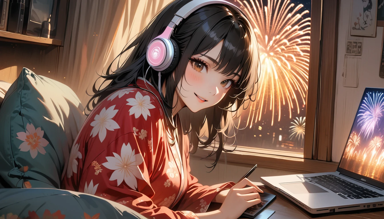 ((8k of extremely detailed CG unit, Masterpiece, high resolution, highest quality, highest quality real texture skin)), (((Fireworks from a large window))), (((Japanese patterned pajamas))), (((Japanese style headphones))), (((Smiling and watching the fireworks))), ((1 girl)), (Black hair, messy hair, beige skin), (surreal, digital painting), (((Warm lighting))), (((Boombox))), (((laptop)))