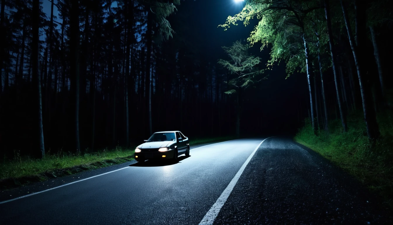 car parked on the edge of the asphalt, road, forest area, environment, dark night, sinister environment