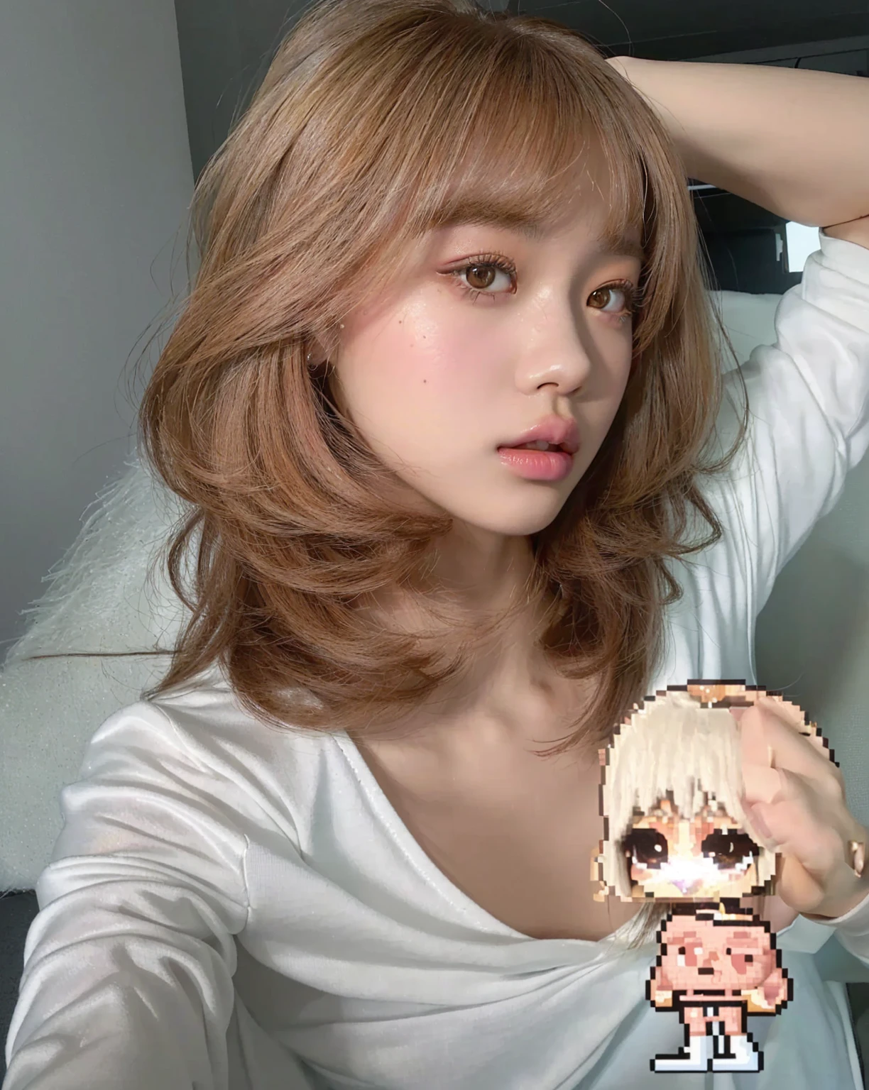 there is a woman with a pixel head and a pixel head, the hime cut, lalisa manobal, Lalisa Manoban of Blackpink, Kawaii realistic portrait, with short hair, roseanne park by blackpink, ulzzang, sun yunjoo, with bangs, fluffy bangs, tzuyu of two times, white hime cut hairstyle, 3d realistic anime style