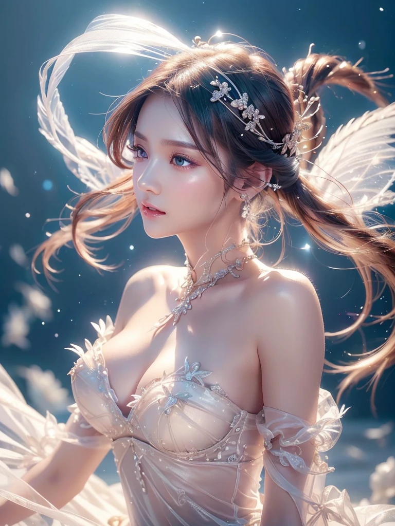 White Background、Professional Lighting、(((Professional Lighting 1.5)))、Translucent skin texture、Beautiful Skin、Beautiful Skin、、Off the shoulder、White Dress、(((See-through 1.2)))、fluttering feathers、 of Musical Notes、(())、Face close-up