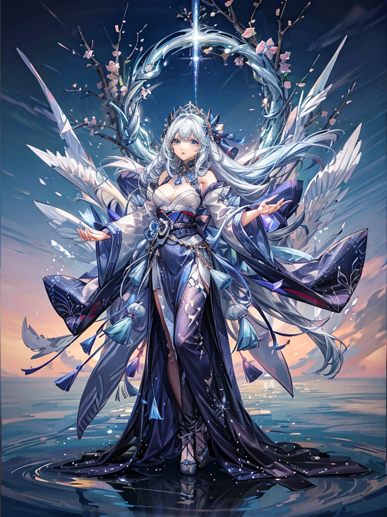 One beautiful woman、whole body、Character Design、Oiran、Transparent light blue hair、Long hair that shines like crystal、Blue eyes that shine like jewels、mysterious、beautiful、Super detailed、Highest quality、masterpiece、Standing on the water、Japanese style、spirit、Dazzling