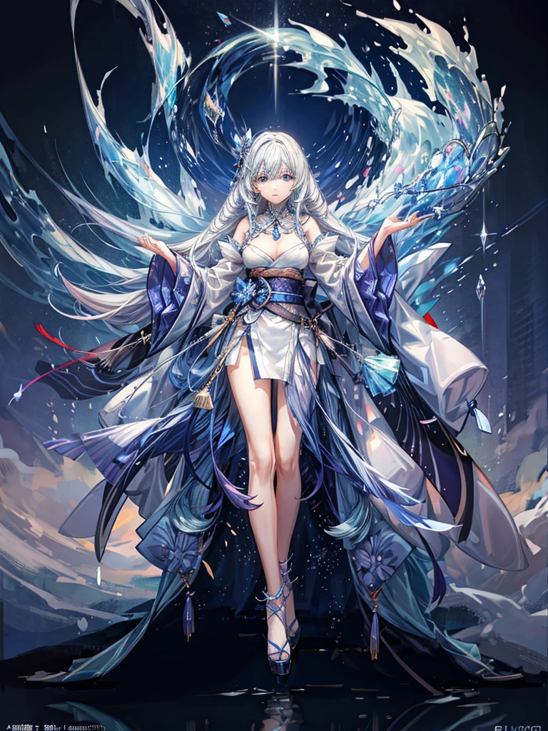 One beautiful woman、whole body、Character Design、Oiran、Transparent light blue hair、Long hair that shines like crystal、Blue eyes that shine like jewels、mysterious、beautiful、Super detailed、Highest quality、masterpiece、Standing on the water、Japanese style、spirit、Dazzling