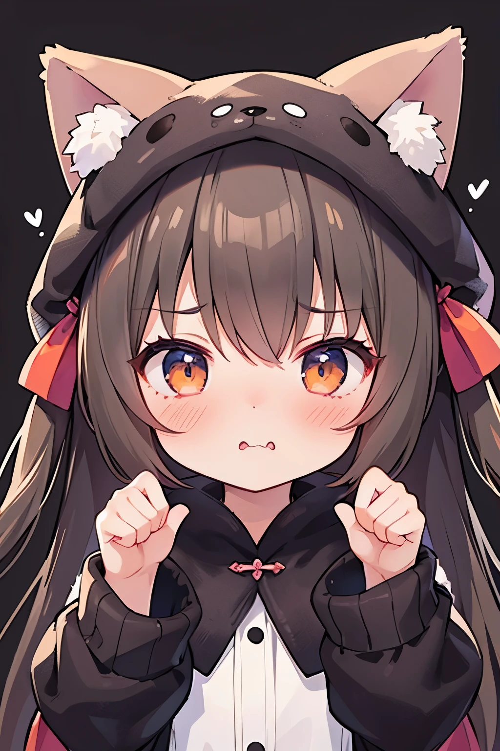 (Highest quality:1.2)。One Girl。Little cute girl。Wearing a wolf costume。Embarrassed look。blush。Menacing pose。The background is a Halloween town。