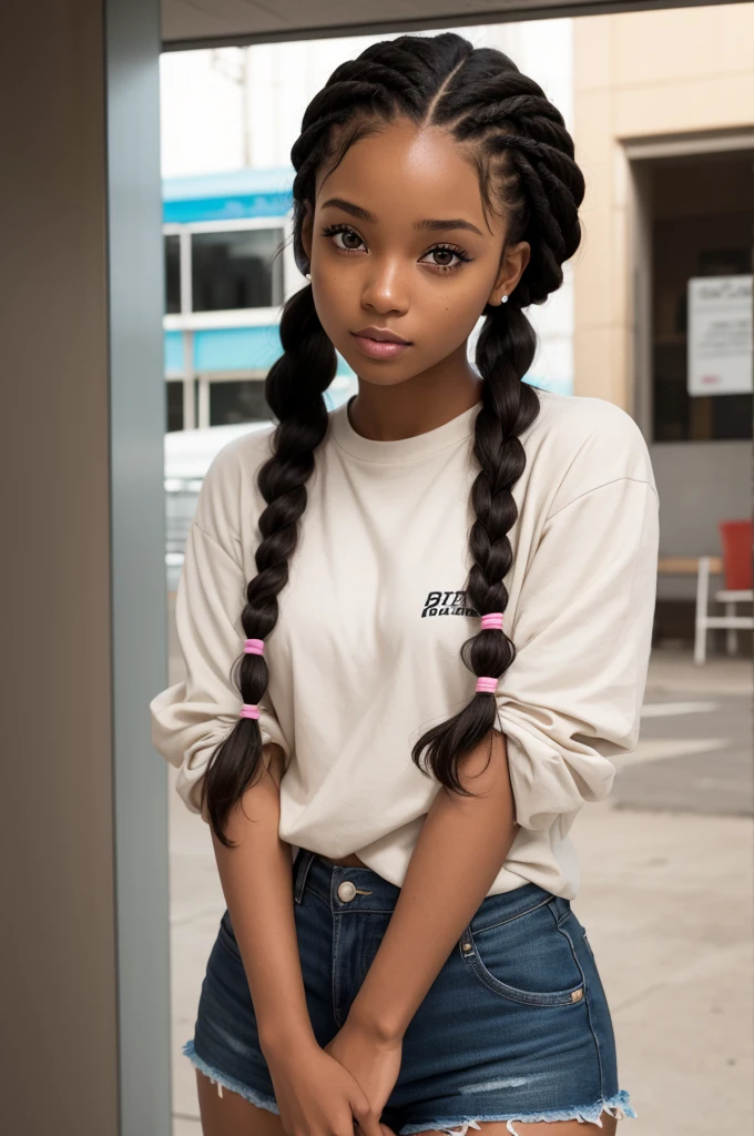 A 25-year-old black girl with braided hair, brown eyes and a patty style