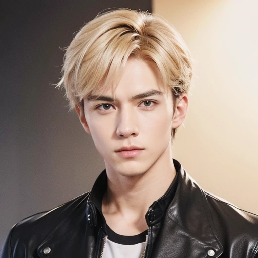 at office，wearing black leather coat，two block haircut, Attractive man，Live-action photo，Handsome and sunny，（SLR effect，Reality，8K，Hyper-detailing，Absolute realism）