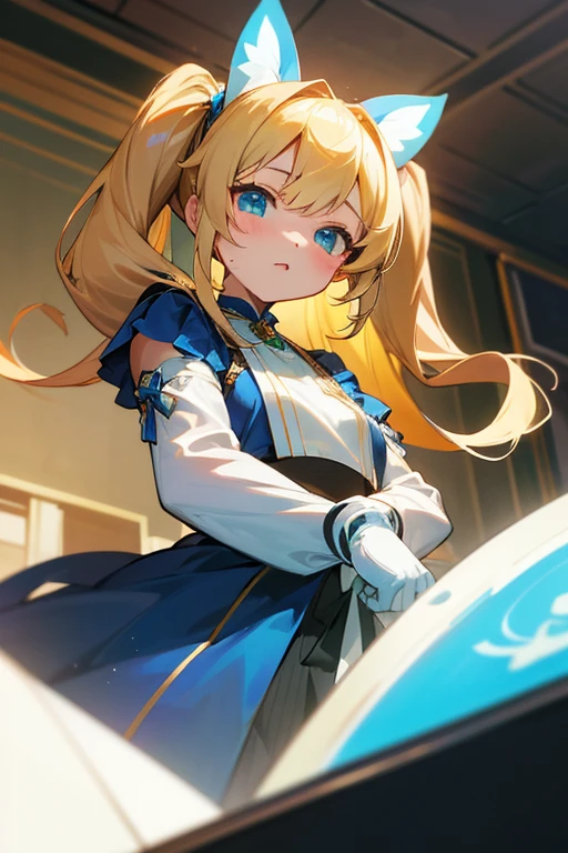 (artwork), (great work), (indirect lighting), (Chibi Cute Studio), (GIFcuteアニメ), (cute cute), (Highly detailed CG 8k unit wallpaper), (One girl) cuteドレスを着て, cuteフリルのティアラが付いた長い青い髪, Wearing silk gloves, White skin, Green and blue eyes, (cute)、Twin tails、Blonde、