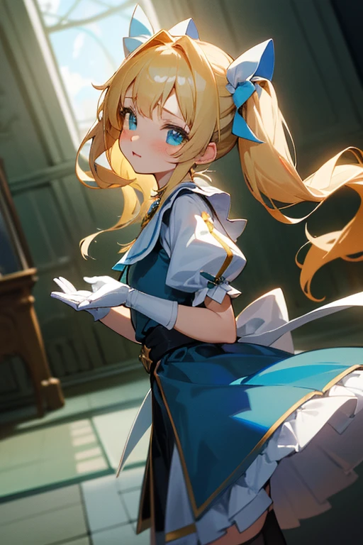 (artwork), (great work), (indirect lighting), (Chibi Cute Studio), (GIFcuteアニメ), (cute cute), (Highly detailed CG 8k unit wallpaper), (One girl) cuteドレスを着て, cuteフリルのティアラが付いた長い青い髪, Wearing silk gloves, White skin, Green and blue eyes, (cute)、Twin tails、Blonde、