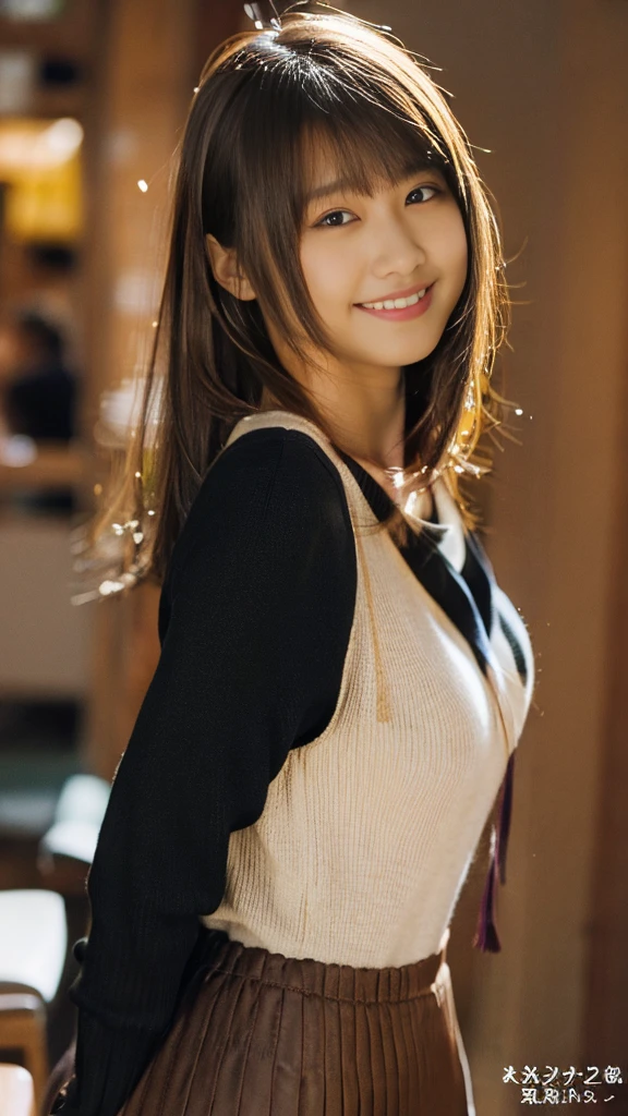 masterpiece, Highest quality, Very detailedな, 複雑に詳細なVery detailedな, Realistic, Sharp features, Very detailed, Sharp focus, Perfect Face, Perfect Face, Perfect symmetry and perfect eyes, Perfect Plump Lips, Flexible female form, Cinematic, Film Light, Very detailedな, hyper Realistic, High resolution, smile, Happy, Light brown hair, Asymmetrical Hair, Asymmetrical bangs, Messy Hair, Attractive pose, skinny idol carving, idol carving, Pleated skirt, close, (Wearing clothes:1.3), Natural light, Black leggings, Roll up your skirt, Dynamic pose,