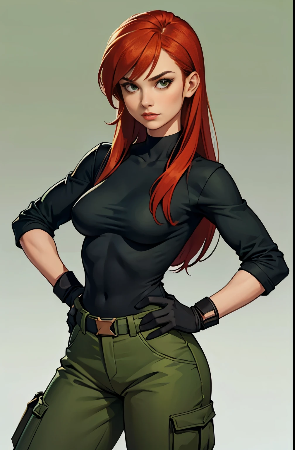 girl, hot, portrait, medium breasts, slim, long red hair, side bangs, kim possible, hot, soft or colored lips, black shirt, gloves, loose green cargo pants, simple green background, plain colors, hands on hips, perfect hands, anatomy perfect