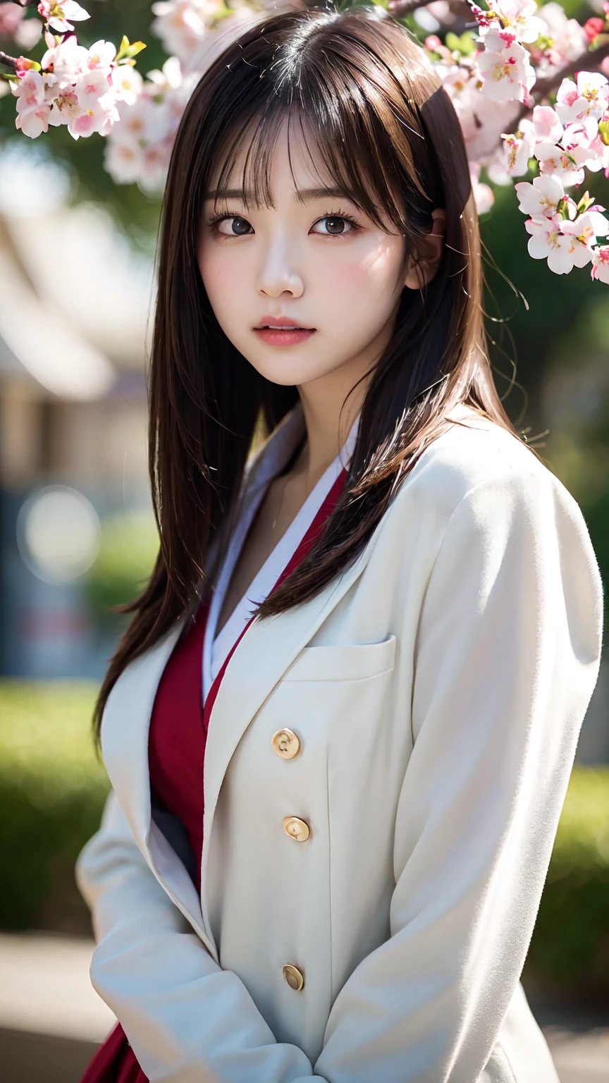 Graduation Ceremony、high school girl、uniform 、blazer、Cherry tree in full bloom、Cherry blossom confetti、Perfect proportions、cute、(Big Breasts:1.2)、((18-year-old female:1.2))、若い愛らしい日本人のface, （Light_笑face：0.3），Official Art，Highly detailed CG Unity 8K wallpaper、bright_front_face_Lighting，（masterpiece:1.0),(Highest_quaLightingy:1.0), 超High resolution,4K,Very detailed, photo shoot, 8K, Hmph, High resolution, Absurd:1.2, Kodak Portrait 400, Film Grain, Lens flare brilliance,高いest quaLightingy,8K,Hmph:1.2),(cute日本の女の子),(masterpiece、高いest quaLightingy) 、Soft portrait shots,8K、Show Viewer