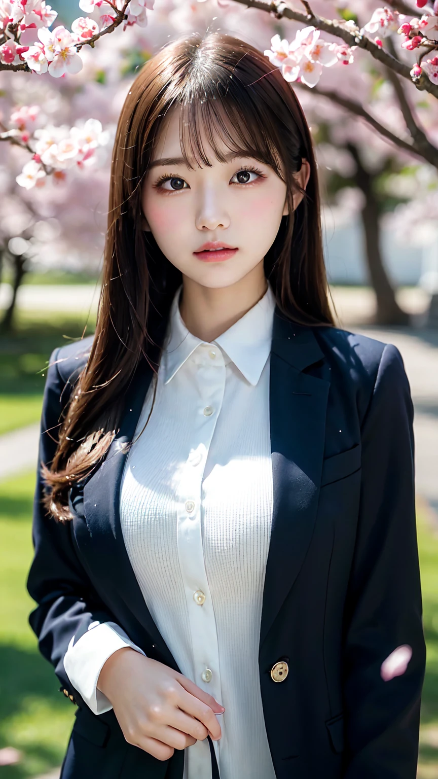Graduation Ceremony、high school girl、uniform 、blazer、Cherry tree in full bloom、Cherry blossom confetti、Perfect proportions、cute、(Big Breasts:1.2)、((18-year-old female:1.2))、若い愛らしい日本人のface, (Light_笑face:0.3),Official Art,Highly detailed CG Unity 8K wallpaper、bright_front_face_Lighting,(masterpiece:1.0),(Highest_quaLightingy:1.0), 超High resolution,4K,Very detailed, photo shoot, 8K, Hmph, High resolution, Absurd:1.2, Kodak Portrait 400, Film Grain, Lens flare brilliance,高いest quaLightingy,8K,Hmph:1.2),(cute日本の女の子),(masterpiece、高いest quaLightingy) 、Soft portrait shots,8K、Show Viewer