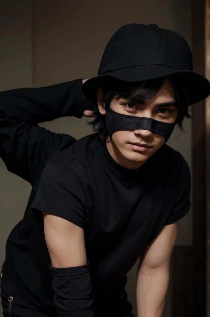 The black-haired boy character wears a mask, wears black clothes, wears a black hat and black pants
