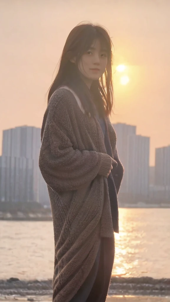 A Japanese girl in her 20s singing during sunset