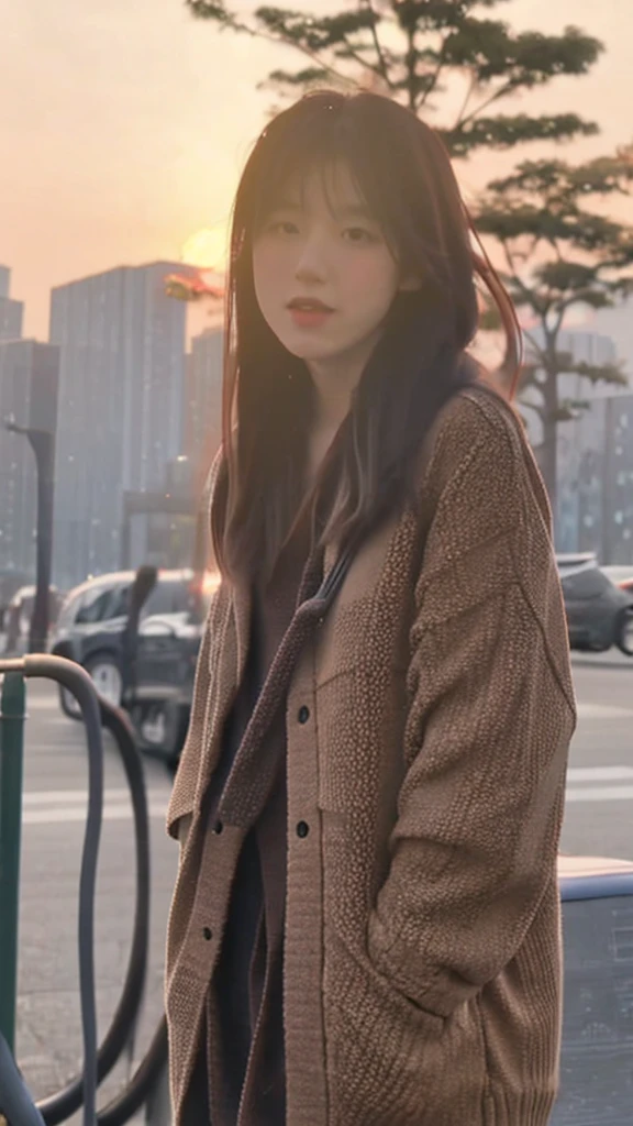 A Japanese girl in her 20s singing during sunset