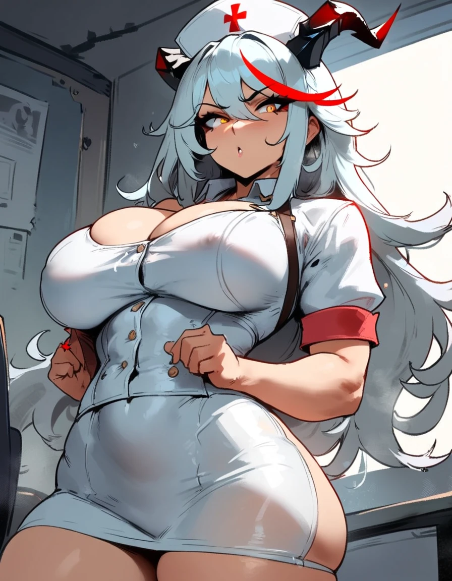 1girl, aegir \(azur lane\), azur lane \\\\\ masterpiece, best quality, very aesthetic, absurdres, newest \\\\\\ sportive body, \\\\\\ by nyantcha,,by cutesexyrobutts,by khyle ///// white hair with a single prominent red streak, black horns, yellow eyes, , white background, white (nurse outfit:1.2), skirt, standing, white pencil skirt, nurse cap, , big tits, a red cross on the cap