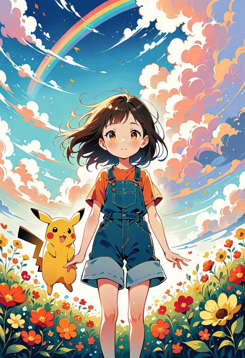 ((anime:1.4,illustration)),(masterpiece, top quality, best quality),(ultra-detailed, absolutely resolution),((16k, high res)), BREAK {(anime movie by Studio Ghibli Style: 1.5)},
BREAK {cute scene featuring Pikachu interacting with a rainbow. Use a bright and cheerful color palette with soft, painterly strokes. Pikachu should be standing joyfully at the end of a vibrant rainbow, surrounded by a field of blooming flowers and a clear blue sky. Include elements like fluffy white clouds and sun rays shining down to create a whimsical and enchanting atmosphere. The overall vibe should be warm and heartwarming, capturing the playful and magical essence of Pikachu and the rainbow.}