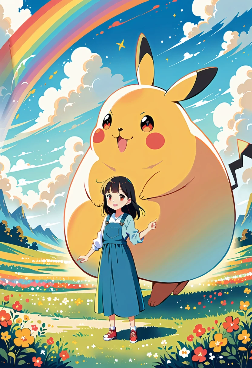 ((anime:1.4,illustration)),(masterpiece, top quality, best quality),(ultra-detailed, absolutely resolution),((16k, high res)), BREAK {(anime movie by Studio Ghibli Style: 1.5)}, 
BREAK {cute scene featuring Pikachu interacting with a rainbow. Use a bright and cheerful color palette with soft, painterly strokes. Pikachu should be standing joyfully at the end of a vibrant rainbow, surrounded by a field of blooming flowers and a clear blue sky. Include elements like fluffy white clouds and sun rays shining down to create a whimsical and enchanting atmosphere. The overall vibe should be warm and heartwarming, capturing the playful and magical essence of Pikachu and the rainbow.}